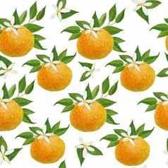 水彩手画无缝的模式插图明亮的橙色橘子普通话柑橘类水果充满活力的绿色叶子花食物有机素食者标签包装自然设计时尚的