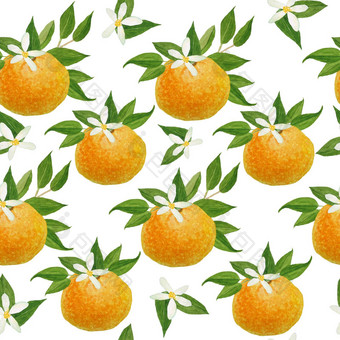 水彩手画无缝的模式插图明亮的<strong>橙</strong>色橘子普通话柑橘类水果充满<strong>活力</strong>的绿色叶子花食物有机素食者标签包装自然设计时尚的