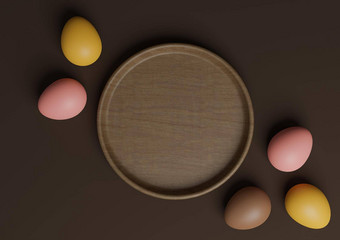 黑暗棕色（的）呈现前视图平躺产品显示讲台上站色彩斑斓的<strong>复活节</strong>鸡蛋木菜最小的简单的