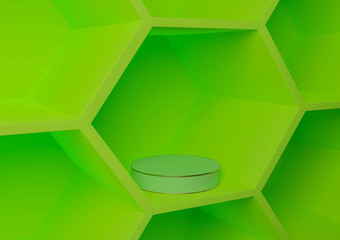 明亮的霓虹灯绿色呈现产品显示蜂窝模式摘要背景产品摄影自然几何简单的模板油缸平台讲台上站