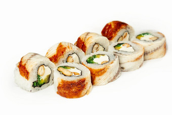 寿司卷鳗鱼楚卡沙拉白色板经典日本寿司传统的日本食物牧美味的块寿司餐厅菜单Copyspace