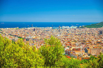 空中全景视图巴塞罗那城市历史季度区地中海海