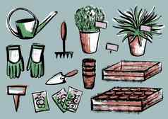 集插图主题种植植物工具幼苗锅盒子花能