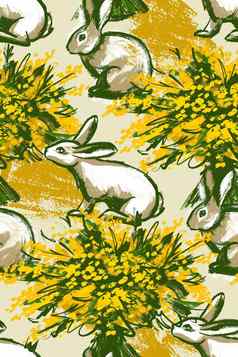 无缝的模式可爱的兔子含羞草花