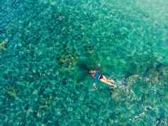快乐女人浮潜面具潜水水下热带鱼珊瑚礁海池旅行生活方式水体育运动户外冒险游泳教训夏天海滩假期空中视图无人机