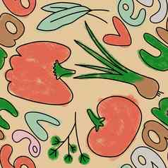 手画无缝的模式蔬菜蔬菜素食主义者素食者设计番茄土豆胡萝卜卷心菜似乎洋葱贝尔纸织物打印复古的古董厨房纺织背景健康的食物概念
