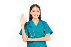 肖像专业自信年轻的亚洲女微笑医生绿色实习医生风云显示展示手指停止标志医生医疗保健医生概念