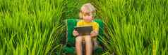 快乐孩子坐着场持有平板电脑男孩坐着草阳光明媚的一天首页学校教育玩平板电脑横幅长格式