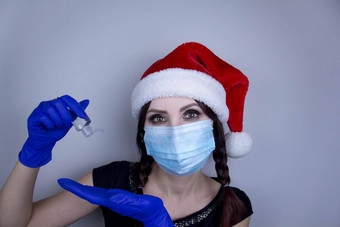 女人面具圣诞节他洗手液有趣的圣诞节附件医疗面具关闭拍摄选择焦点预防科维德