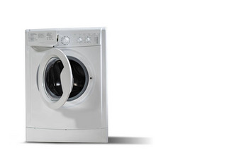白色前面负载洗机孤立的白色背景现代垫圈电子控制面板一边视图家庭国内主要设备首页创新