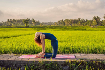 年轻的女人实践瑜伽户外大米字段早....健康撤退巴厘岛