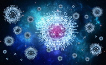 猴<strong>痘</strong>病毒病毒背景猴<strong>痘</strong>病毒分子蓝色的背景医疗背景病毒分子