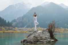Zen男人。白色实践瑜伽自然构成弗里克沙萨纳树构成