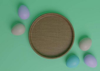 明亮的绿松石绿色呈现前视图平躺产品显示讲台上站色彩斑斓的复活节鸡蛋木菜最小的简单的