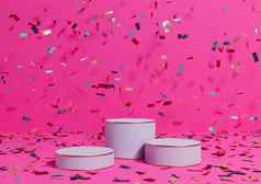 明亮的品红色的霓虹灯粉红色的呈现产品显示领奖台站色彩斑斓的五彩纸屑庆祝活动周年纪念日广告金行奢侈品产品简单的最小的背景