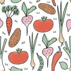 手画无缝的模式蔬菜蔬菜素食主义者素食者设计番茄土豆胡萝卜卷心菜似乎洋葱贝尔纸织物打印复古的古董厨房纺织背景健康的食物概念
