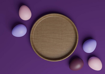 黑暗紫色的紫罗兰色的呈现前视图平躺产品显示讲台上站色彩斑斓的复活节鸡蛋木菜最小的简单的