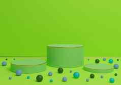 明亮的霓虹灯绿色呈现讲台上站产品显示金行色彩斑斓的玻璃球产品演讲背景奢侈品产品有趣的糖果