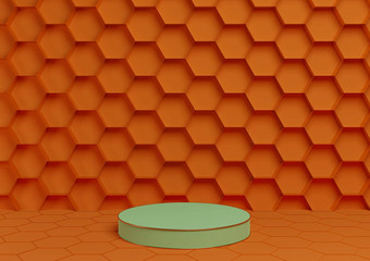 霓虹灯橙色明亮的红色的呈现产品显示讲台上豪华的金蜂窝摘要背景油缸站最小的简单的模板自然奢侈品蜂蜜产品