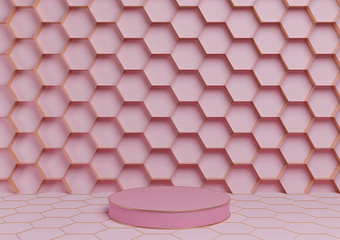 光柔和的薰衣草粉红色的呈现产品显示讲台上豪华的金蜂窝摘要背景油缸站最小的简单的模板自然奢侈品蜂蜜产品