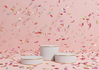 柔和的光红色的大马哈鱼粉红色的呈现产品显示领奖台站色彩斑斓的五彩纸屑庆祝活动周年纪念日广告金行奢侈品产品简单的最小的背景