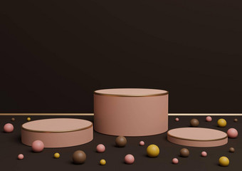 黑暗棕色（的）呈现讲台上站产品显示金行色彩斑斓的玻璃球产品演讲背景奢侈品产品有趣的糖果