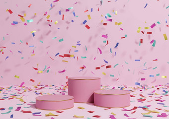 光柔和的薰衣草粉红色的呈现产品显示领奖台站色彩斑斓的五彩纸屑庆祝活动周年纪念日广告金行奢侈品产品简单的最小的背景