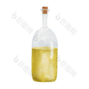 橄榄石油<strong>瓶水彩</strong>插图手画绘画图形草图孤立的白色背景希腊食物象征