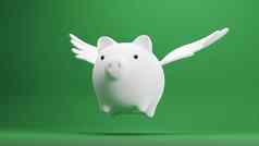 储蓄概念设计小猪银行翼飞行绿色背景渲染