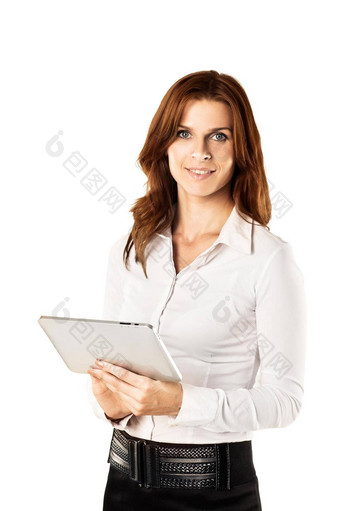 业务女人平板电脑白色背景