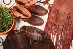 时尚平躺秋天的服装围巾靴子袋明亮的木配件美丽的舒适的趋势集合
