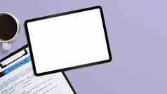 前视图数字平板电脑保险索赔形式紫色的背景空白屏幕做广告文本
