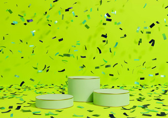 明亮的石灰霓虹灯绿色呈现产品显示领奖台站色彩斑斓的五彩纸屑庆祝活动周年纪念日广告金行奢侈品产品简单的最小的背景