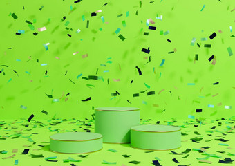 明亮的霓虹灯绿色呈现产品显示领奖台站色彩斑斓的五彩纸屑庆祝活动周年纪念日广告金行奢侈品产品简单的最小的背景