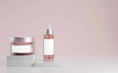 插图空白化妆品容器Jar血清下降孤立的软粉红色的背景呈现