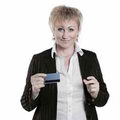 成功的业务女人显示信贷卡孤立的白色