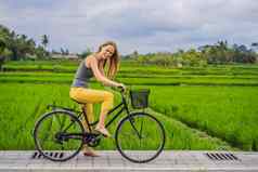 年轻的女人游乐设施自行车大米场乌布巴厘岛巴厘岛旅行概念