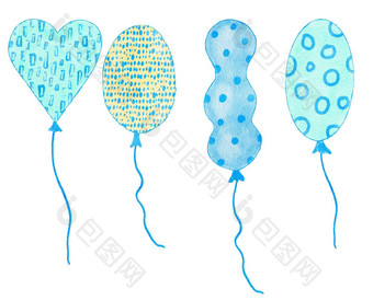水彩手画插图<strong>蓝色</strong>的黄色的可爱的气球男孩婴儿淋浴设计邀请问候聚会，派对托儿所<strong>剪纸</strong>艺术软pastelcolors现代极简主义打印孩子们孩子们