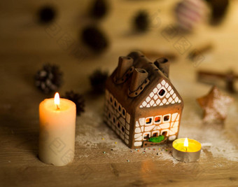 仙女圣诞节房子蛋糕蜡烛光内部不错的背景灯
