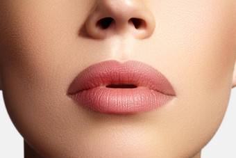 特写镜头完美的自然唇化妆美丽的丰满完整的嘴唇女脸清洁皮肤新鲜的化妆水疗中心温柔的嘴唇