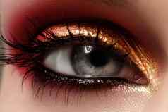 特写镜头女眼睛时尚明亮的化妆美丽的闪亮的黄金粉红色的眼影湿闪闪发光的黑色的眼线笔