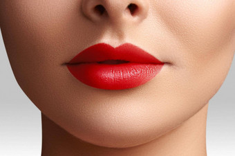 化妆品化妆明亮的口红嘴唇特写镜头美丽的女口红色的唇化妆清洁皮肤模型