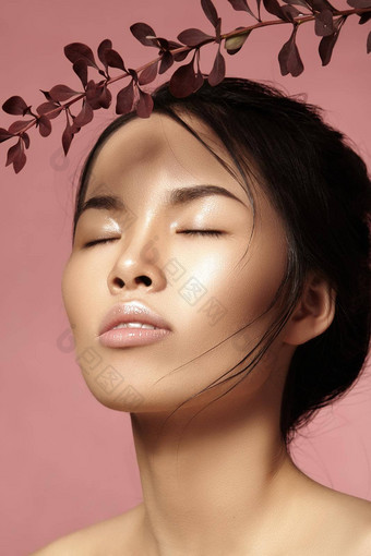 美丽的亚洲女人新鲜的每天化妆越南美女孩水疗中心治疗绿色树叶脸
