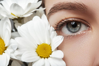 特写镜头宏美丽的女眼睛完美的形状眉毛春天自然洋甘菊花