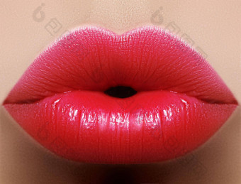 特写镜头吻红色的唇化妆美丽的丰满完整的嘴唇女脸清洁皮肤新鲜的化妆明亮的嘴唇