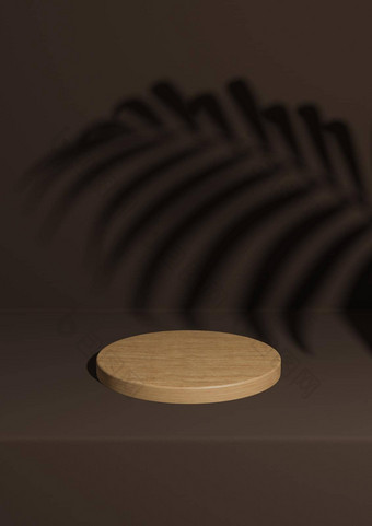 黑暗棕色（的）呈现简单的最小的木产品讲台上背景棕榈叶影子自然产品油缸站