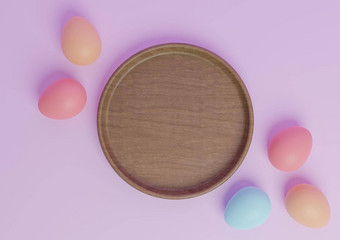 光柔和的薰衣草紫色的呈现前视图平躺产品显示讲台上站色彩斑斓的<strong>复活节</strong>鸡蛋木菜最小的简单的