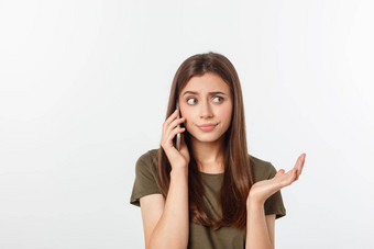 担心年轻的女人紧张地女紧张会说话的电话感觉沮丧令人担忧的电话说话概念
