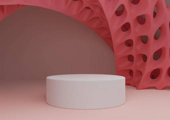 柔和的光红色的大马哈鱼粉红色的呈现产品显示油缸站讲台上未来主义的摘要几何形状现代背景最小的作文模板