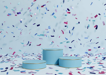 光柔和的婴儿蓝色的呈现产品显示领奖台站色彩斑斓的五彩纸屑庆祝活动周年纪念日广告金行奢侈品产品简单的最小的背景